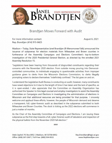 Wisconsin’s Election Committee Chairman Janelle Brandtjen issues subpoenas to Brown and Milwaukee Counties.