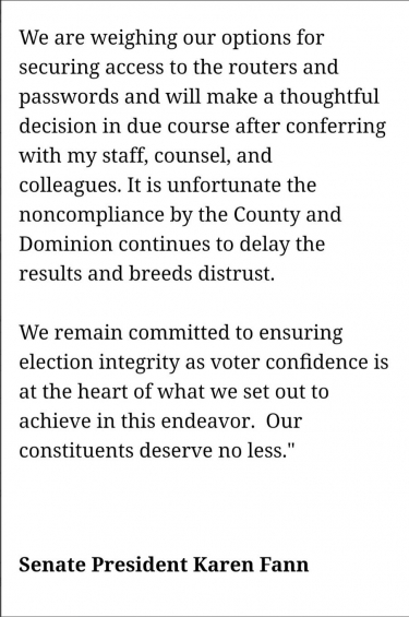 “We Are Weighing Our Options”–AZ Senate President Responds To Maricopa County/Dominion Defying Subpoenas “We Are Weighing Our Options”–AZ Senate President Responds To Maricopa County/Dominion Defying Subpoenas