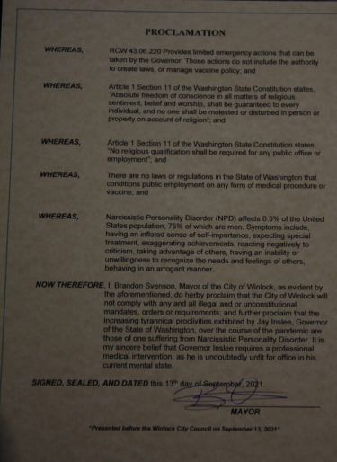 City of Winlock approves proclamation demanding Governor Inslee submit to mental health evaluation City of Winlock approves proclamation demanding Governor Inslee submit to mental health evaluation