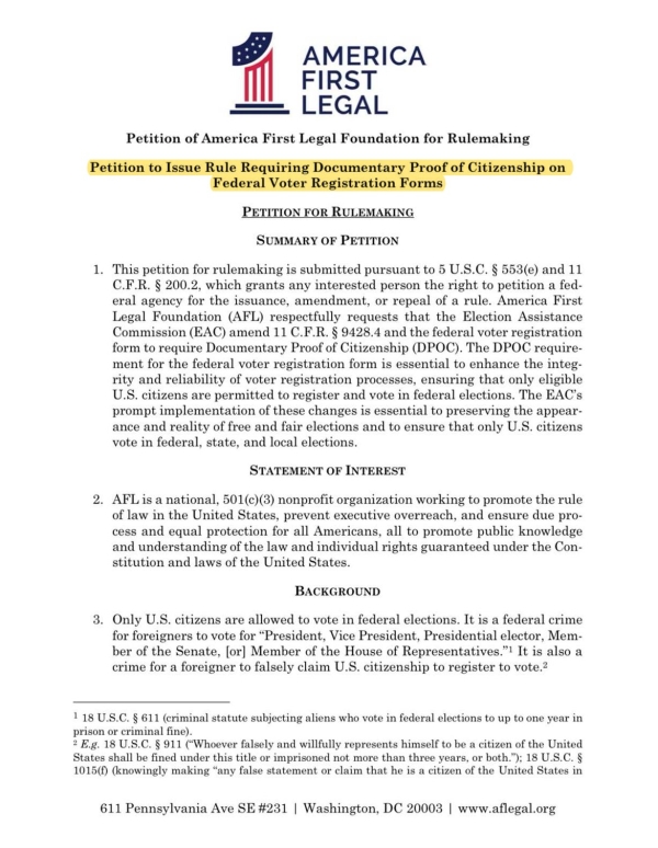 America First Legal Files Petition to Require Proof of Citizenship to Register to Vote in U.S. Elections