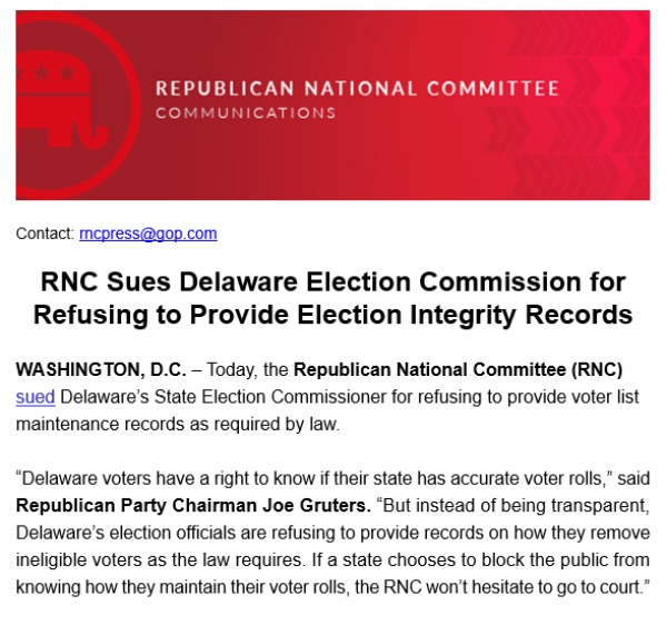 RNC Sues Delaware Election Commission as DOJ Escalates Legal Action on Voter Roll Compliance RNC Sues Delaware Election Commission as DOJ Escalates Legal Action on Voter Roll Compliance
