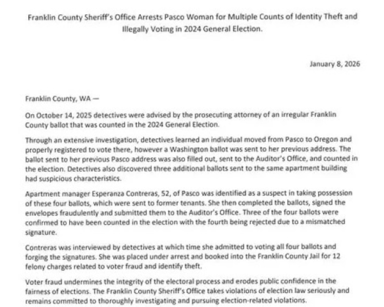 Pasco Woman Arrested for Multiple Counts of Election Fraud and ID Theft - Faces 12 Felonies