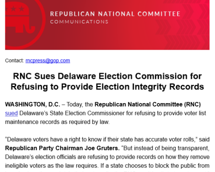 RNC Sues Delaware Election Commission as DOJ Escalates Legal Action on Voter Roll Compliance RNC Sues Delaware Election Commission as DOJ Escalates Legal Action on Voter Roll Compliance
